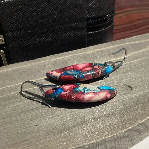 💙 Sterling Silver French Hook Natural Jasper Stone Curvy Boho Drop Earrings